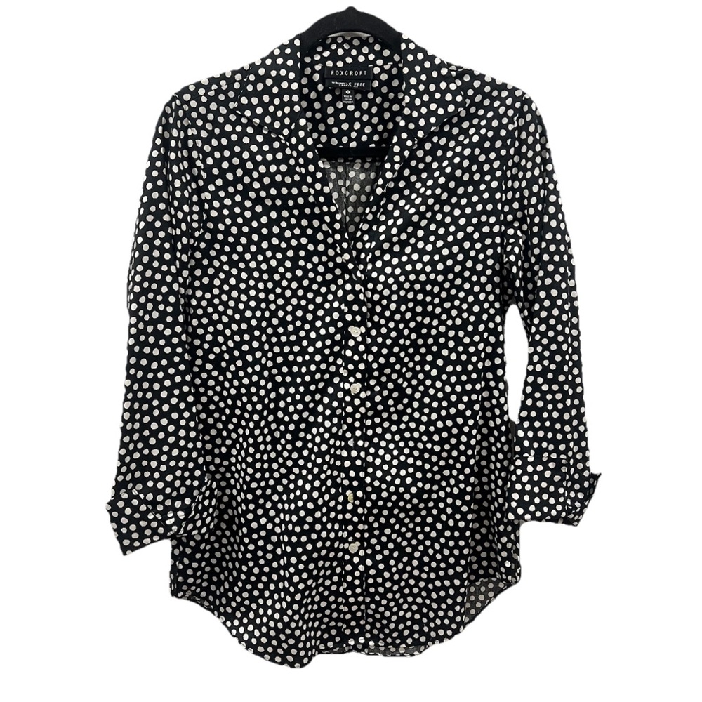 Foxcroft Wrinkle Free Shaped Fit Button Down Shirt Black White Polka Dot Top 8P